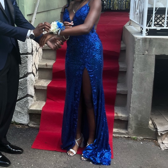 Blue Sequened Prom Dress, Floral Top, Open Back, Left Leg Slit - Picture 6 of 11